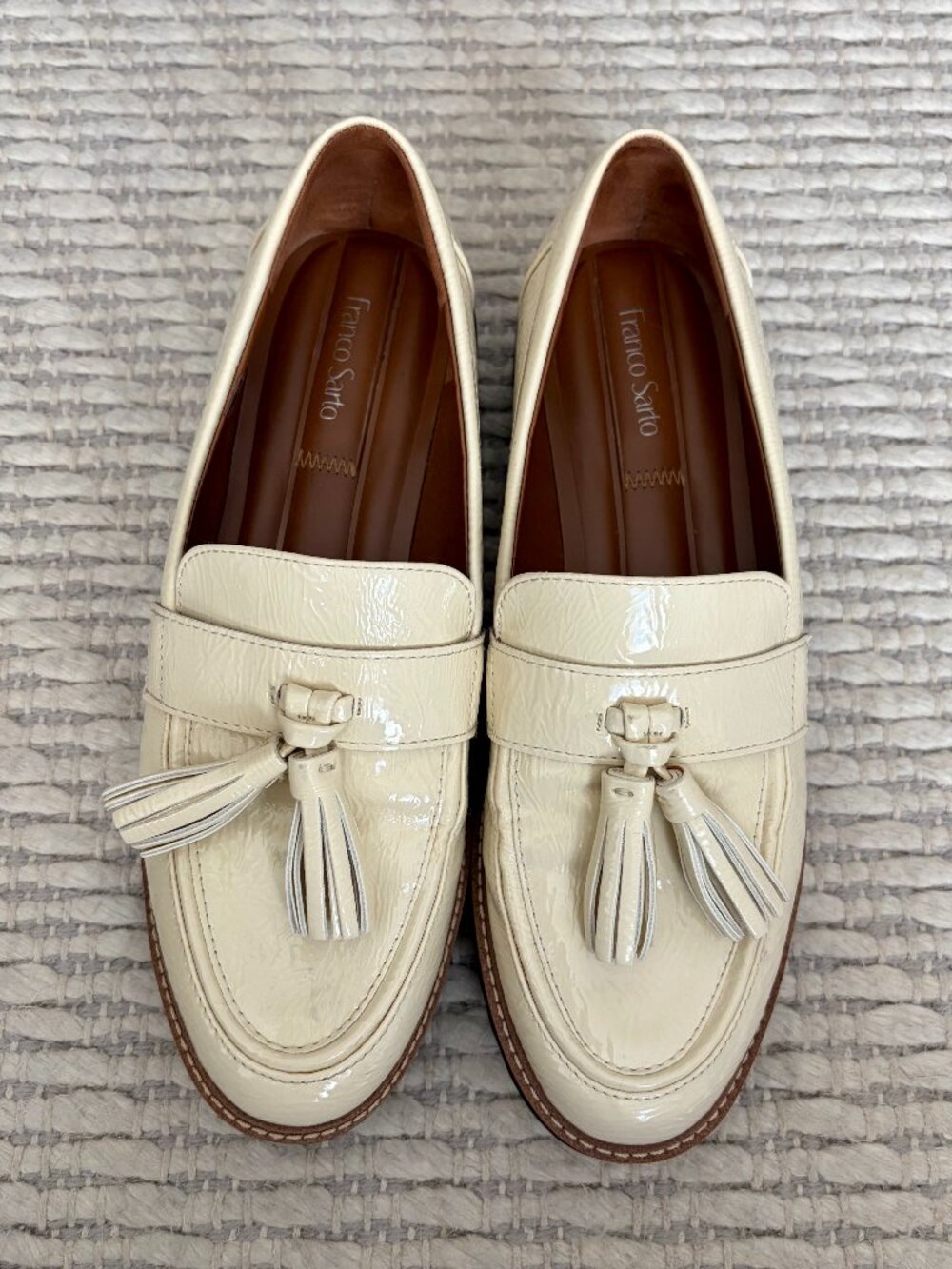 Franco Sarto Carolynn Tassel Loafer Cream Patent Size 8